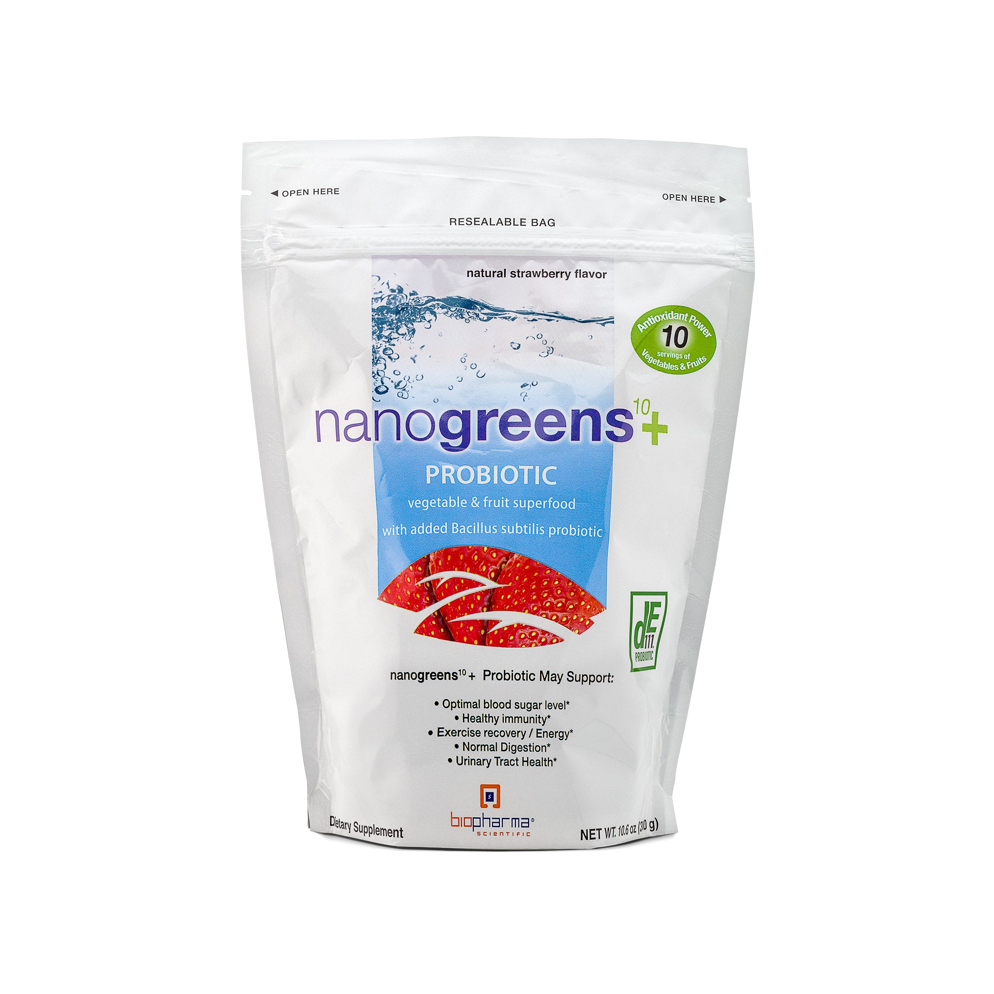 nanogreens+ probiotic strawberry fruit and vegetable superfood powder supplement - front side